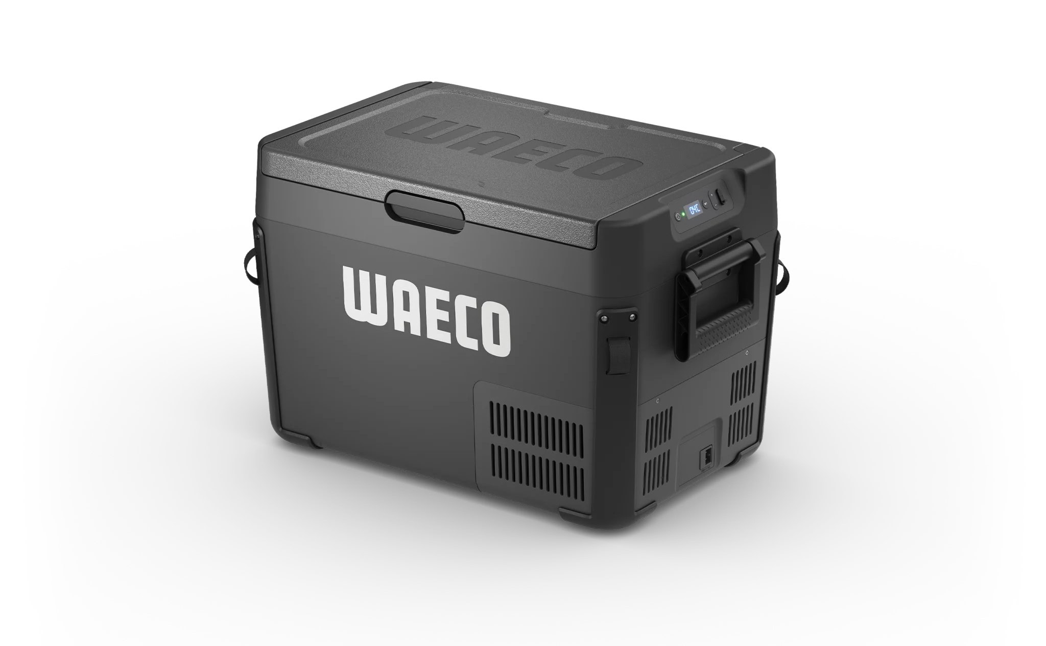 מקרר נייד או צידנית של המותג WAECO בצבע שחור, עם ידיות משני הצדדים, פתחי אוורור ולוח בקרה, המוצב על רקע לבן חלק.