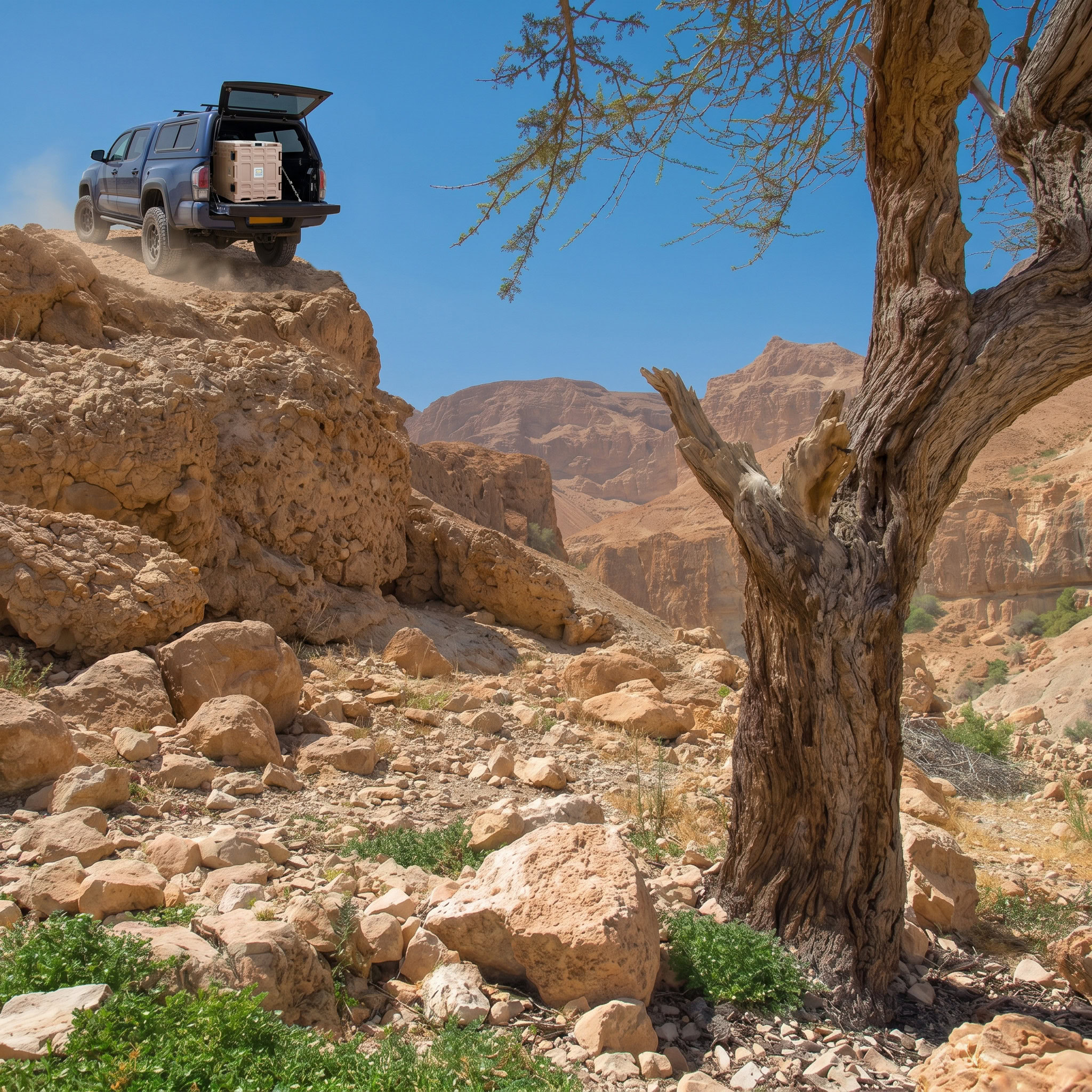 רכב שטח שחור עם תא מטען פתוח חונה על צוק סלעי בנוף מדברי, בסמוך לגבעות מחוספסות ועץ גדול ובלה. התמונה משדרת תחושה של הרפתקה ואמינות של ציוד איכותי, החיוני למערכת הקירור תחת שמיים כחולים וצלולים.